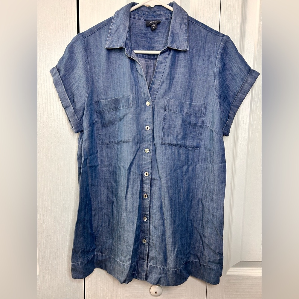 J Jill Denim SP Jean Shirt Tunic Blue Short Sleeve Button Front Pockets Women